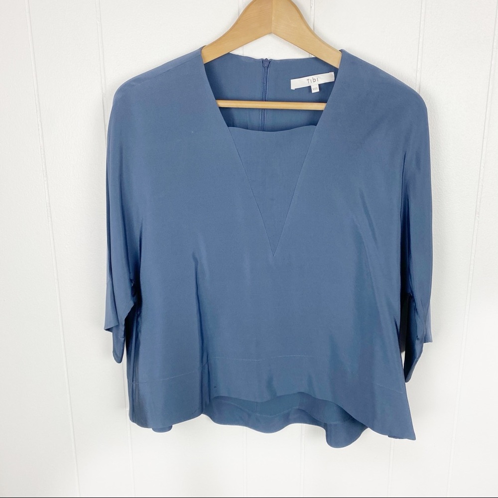 Tibi Blue 100% Silk Boxy Blouse XXS 3/4 Sleeves